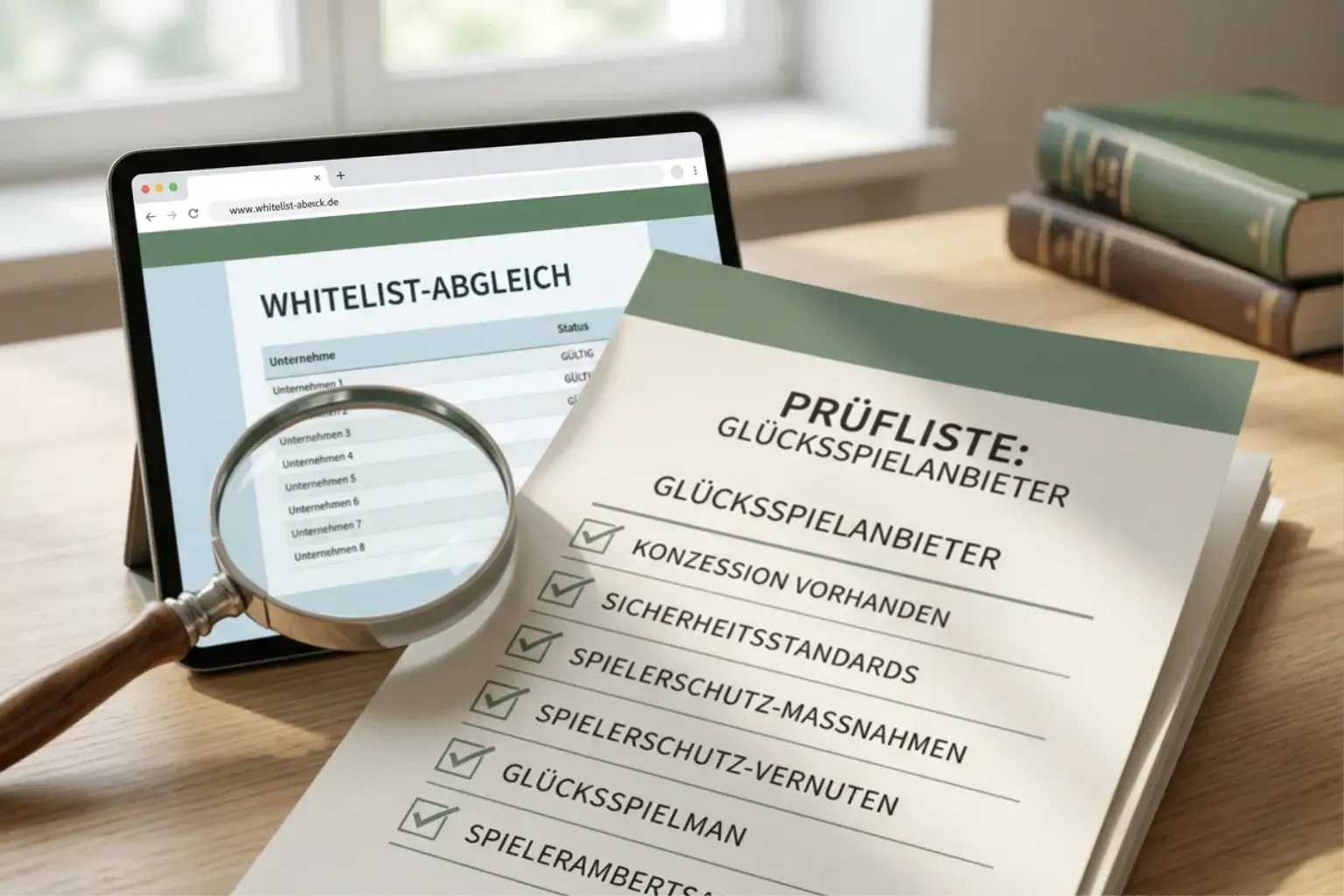 Checkliste zur Prüfung eines Glücksspielanbieters mit Lupe und amtlicher Übersicht