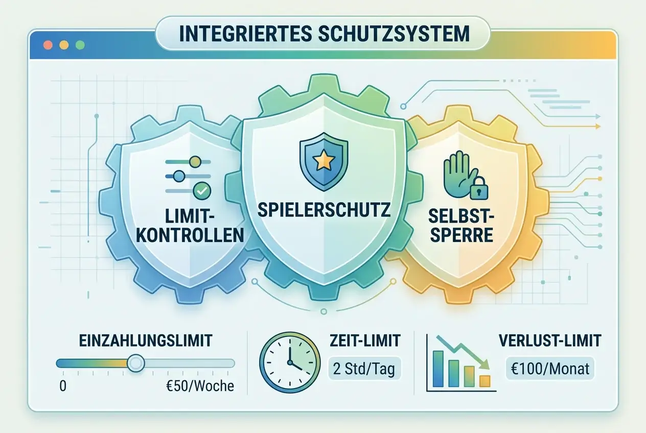 Abstrakte Schutzschilde und Limitregler als Symbol für Spielerschutz