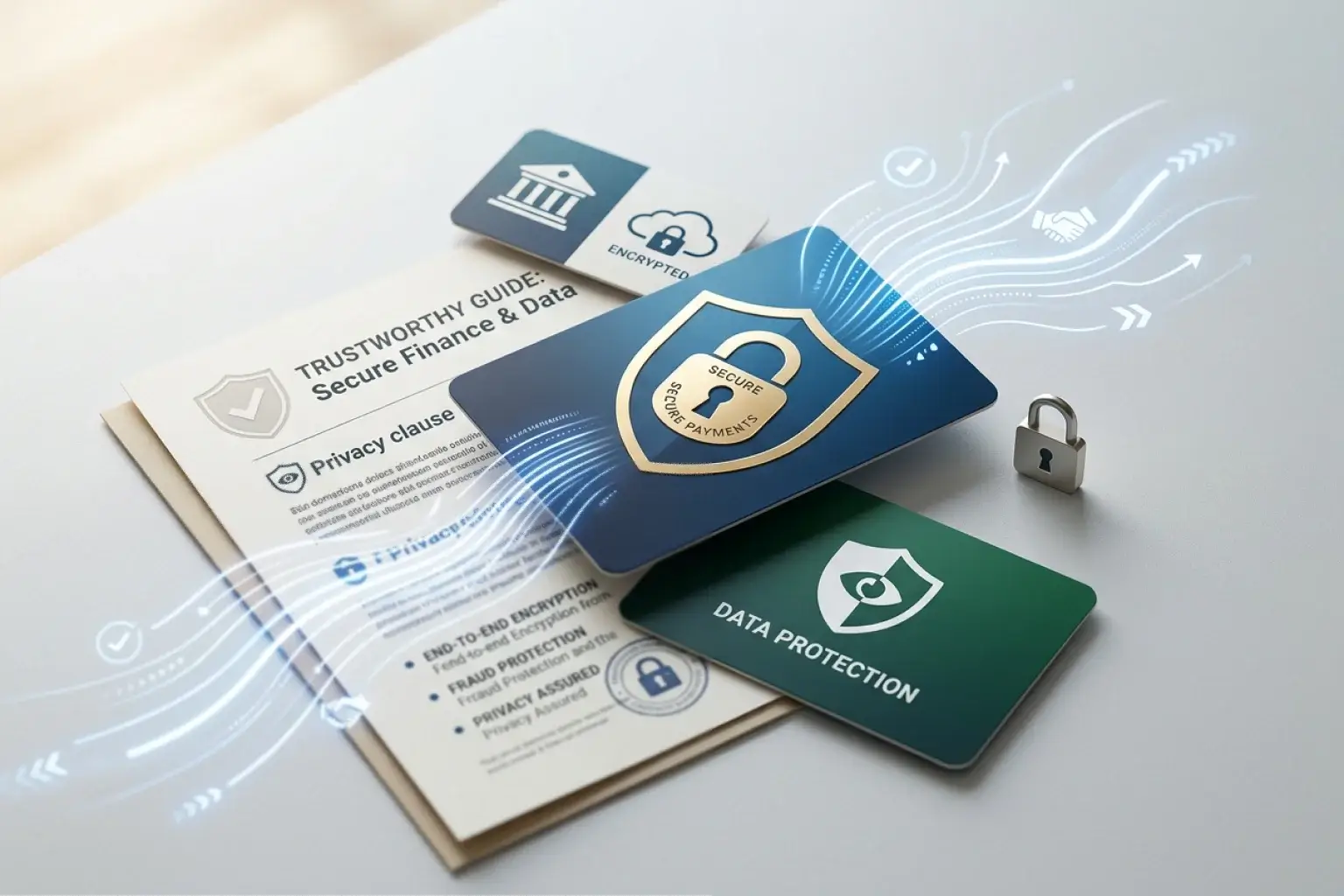 Symbolische Darstellung von Datenschutz, Zahlung und sicherer Dokumentenprüfung